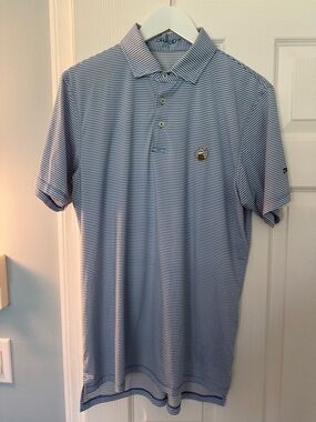 Men's Blue Micro-Stripe Polo Shirt with Embroidered Chest Detail